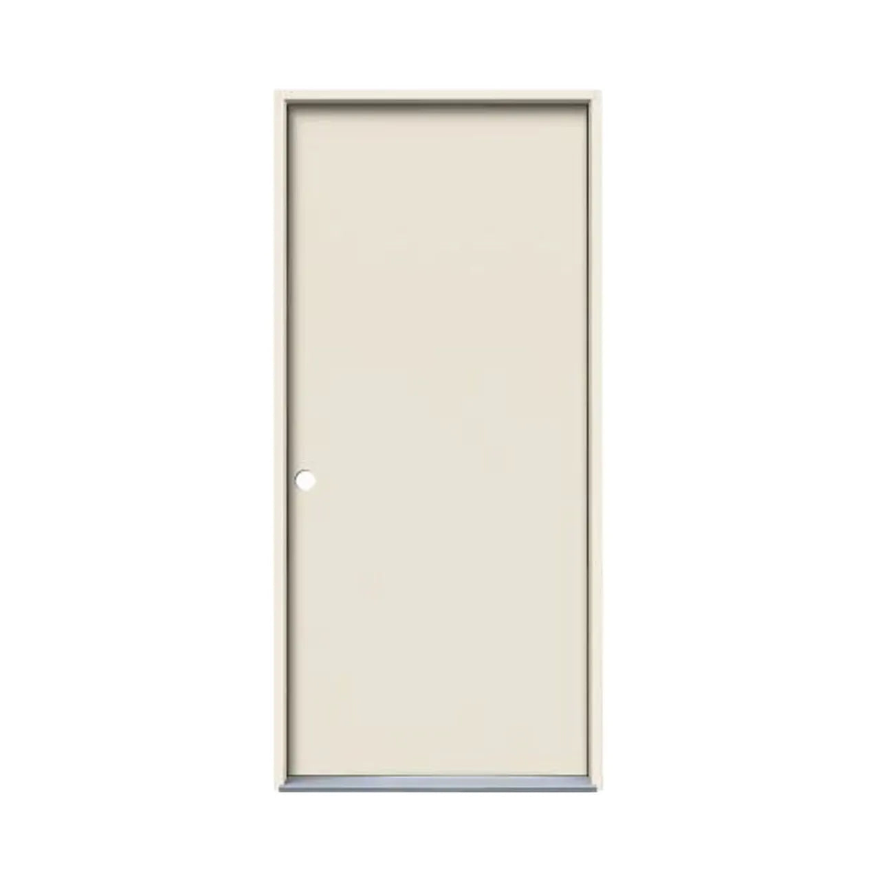 The Go Build 32 in. x 80 in. Flush Primed Steel Prehung Front Door (Right-Hand Inswing) features a simple beige design with polystyrene core insulation for energy efficiency, set in a rectangular frame against a white background.